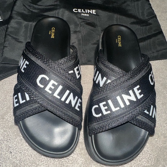 CELINE BLOCK SLIDE IN MESH & TEXTILE-black - Picture 1 of 7